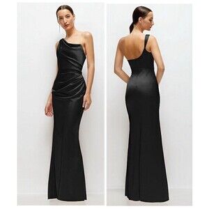 Dessy After Six One Shoulder Cat Eye Neckline Black Satin Maxi Dress Size 6 6904